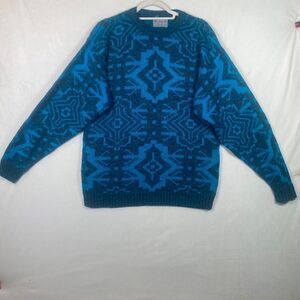 Le Tigre Vintage USA Made Geometric Knit Sweater Blue Teal Mens L